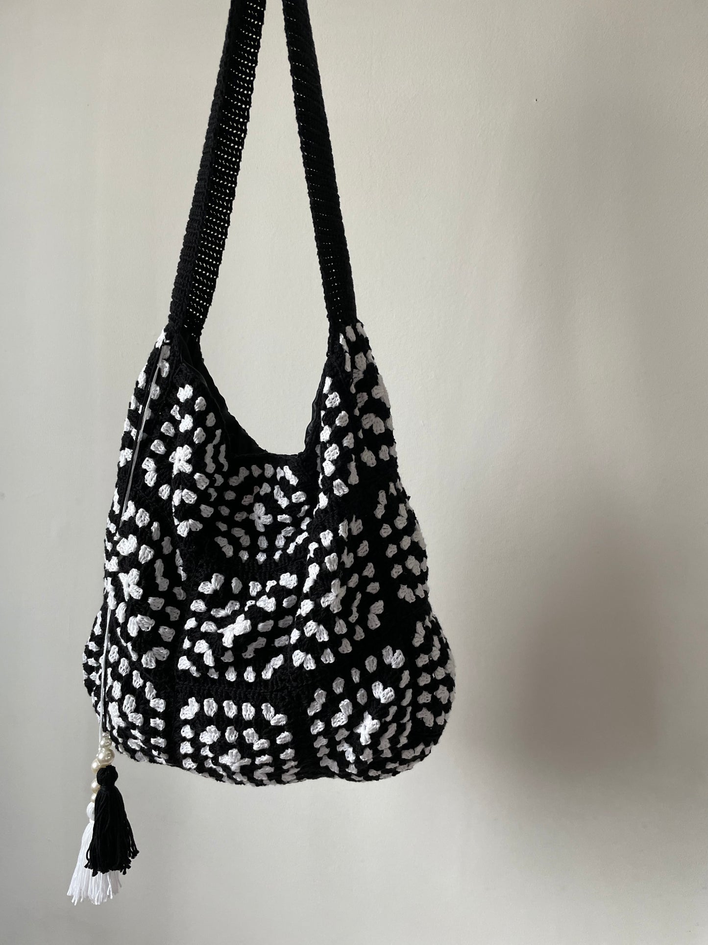 Black and white granny square tote bag