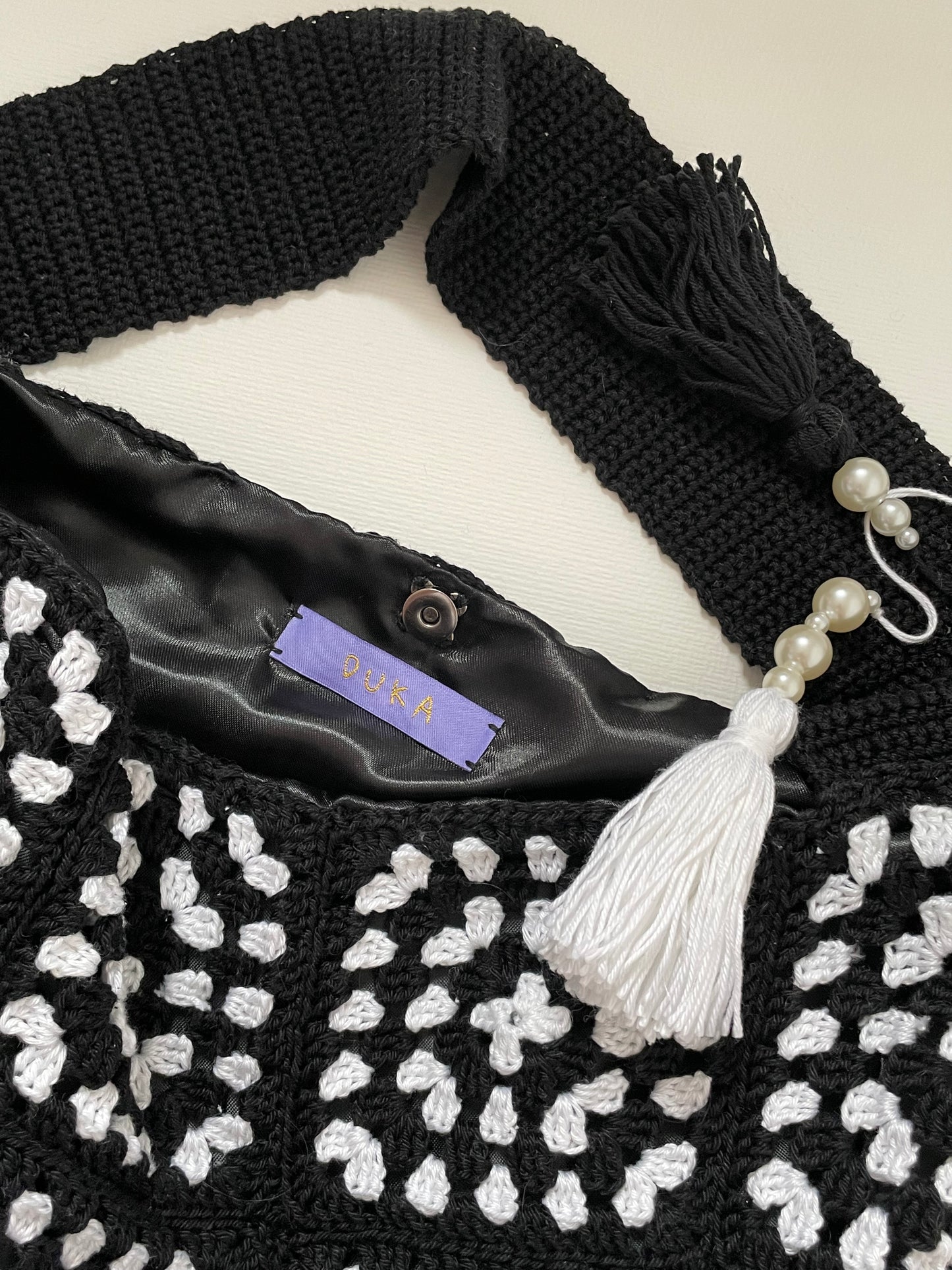 Black and white granny square tote bag