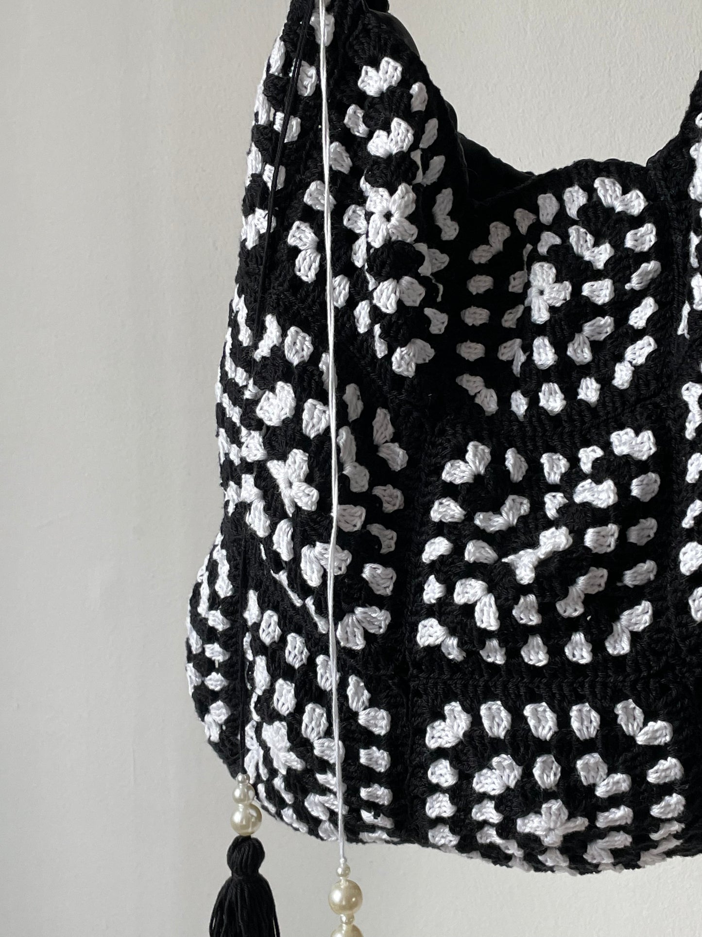 Black and white granny square tote bag