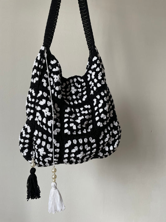 Black and white granny square tote bag